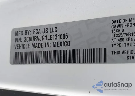 2020 Ram Promaster 3500 Cargo Van High Roof 159 Wb Ext из США, поврежденный, VIN 3C6URVJG1LE131666